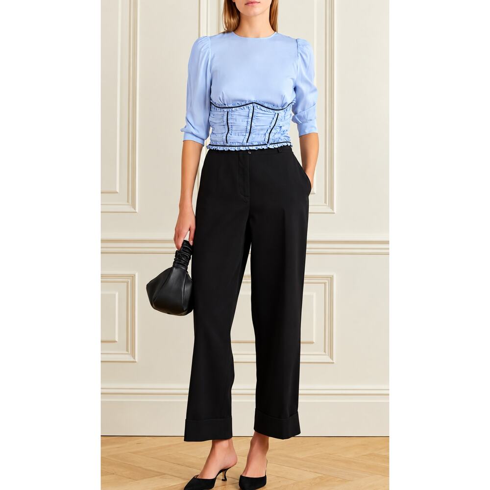 fleur du mal Love Bound Ruched Stretch Silk Top Ruffle Puff Sleeve Corset Blouse - Picture 12 of 12